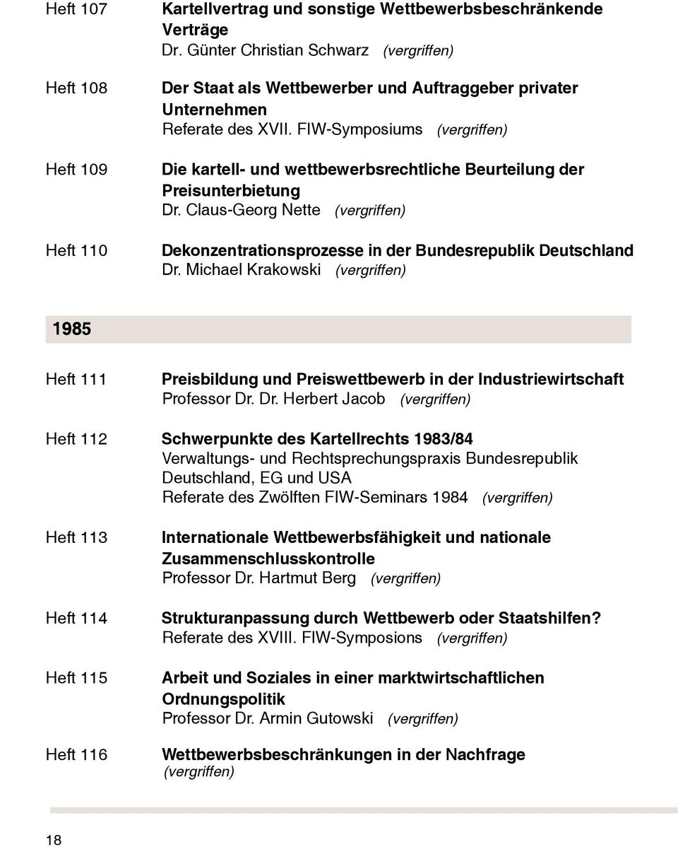 FIW-Symposiums (vergriffen) Die kartell- und wettbewerbsrechtliche Beurteilung der Preisunterbietung Dr. Claus-Georg Nette (vergriffen) Dekonzentrationsprozesse in der Bundesrepublik Deutschland Dr.