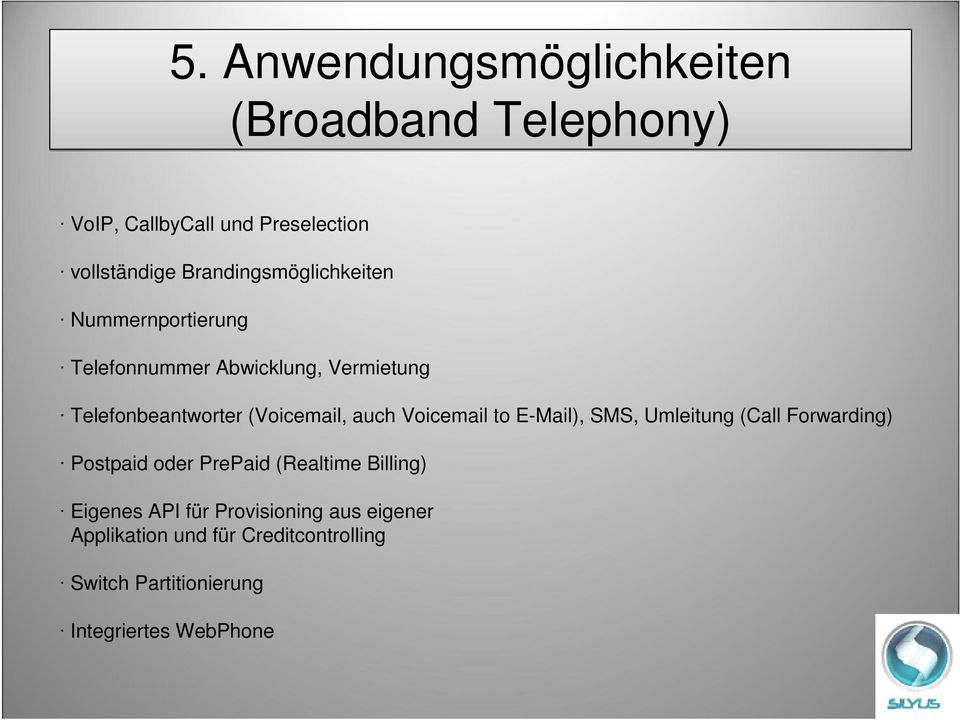 (Voicemail, auch Voicemail to E-Mail), SMS, Umleitung (Call Forwarding) Postpaid oder PrePaid (Realtime