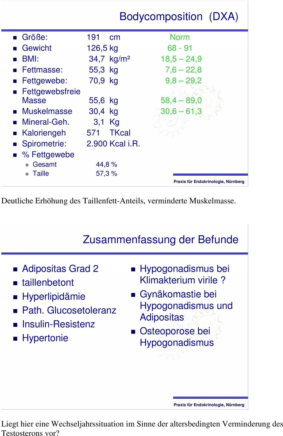 Zusammenfassung der Befunde Adipositas Grad 2 taillenbetont Hyperlipidämie Path. Glucosetoleranz Insulin-Resistenz Hypertonie Hypogonadismus bei Klimakterium virile?