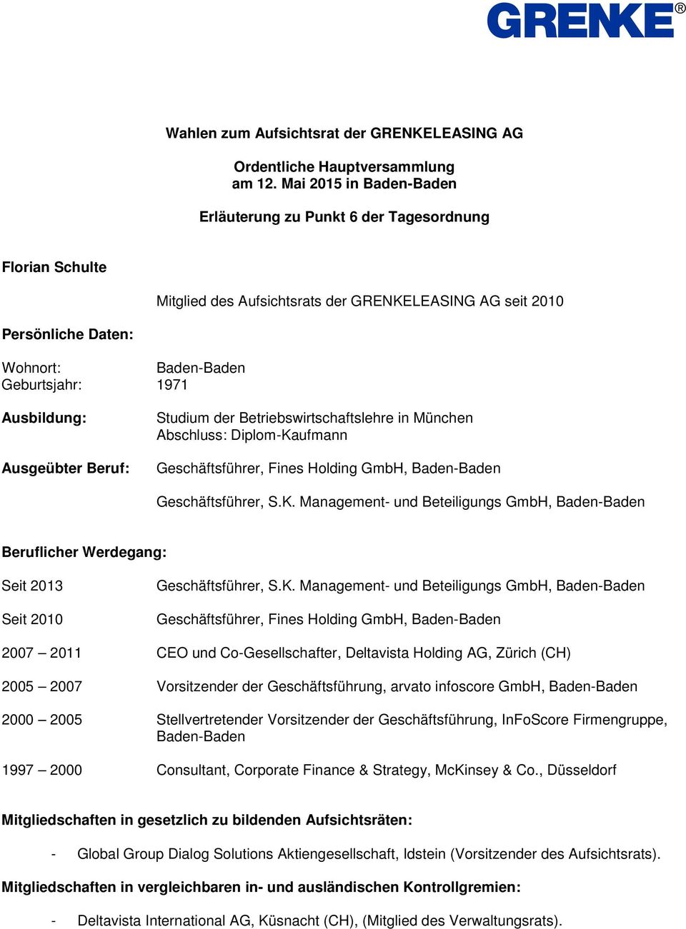 Management- und Beteiligungs GmbH, Baden-Baden Seit 2013 Seit 2010 Geschäftsführer, S.K.