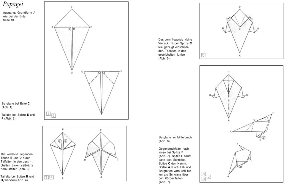 Die verdeckt liegenden Ecken B und D durch Talfalten in den gestrichelten Linien seitwärts herausfalten (Abb. 3). Talfalte bei Spitze B und D, wenden (Abb. 4).