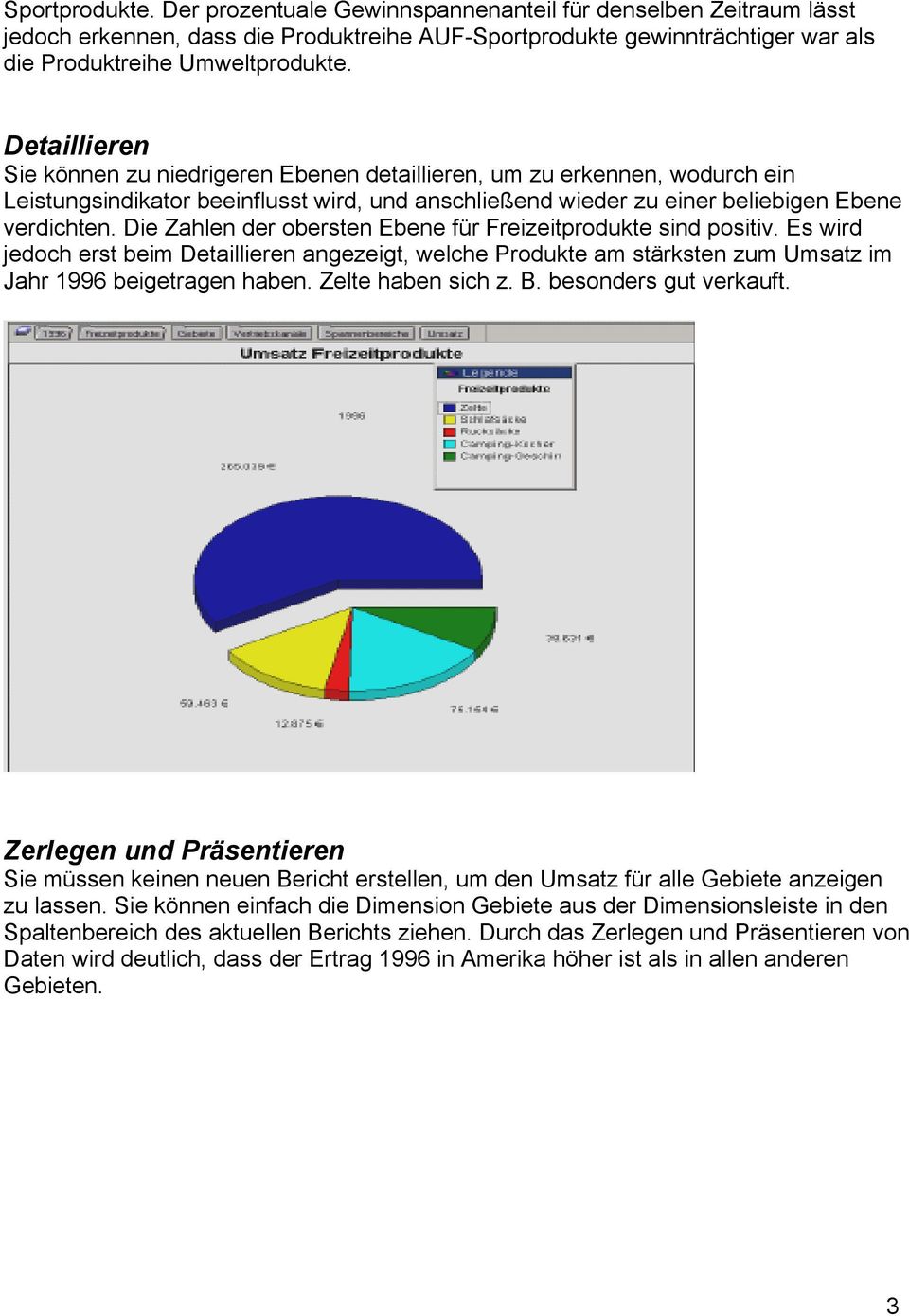 Die Zahlen der obersten Ebene für Freizeitprodukte sind positiv. Es wird jedoch erst beim Detaillieren angezeigt, welche Produkte am stärksten zum Umsatz im Jahr 1996 beigetragen haben.