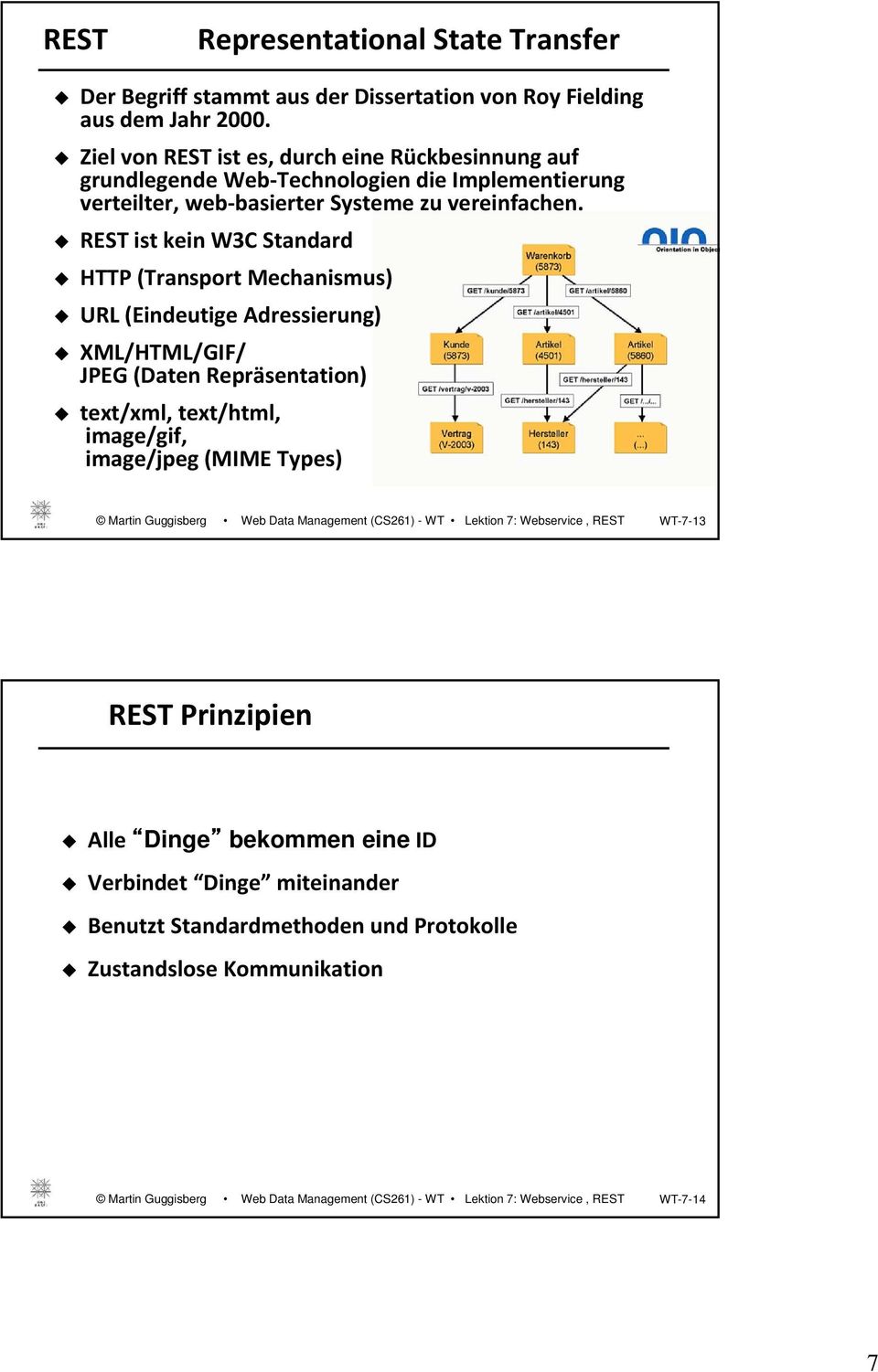 REST ist kein W3C Standard HTTP (Transport Mechanismus) URL (Eindeutige Adressierung) XML/HTML/GIF/ JPEG (Daten Repräsentation) text/xml, text/html,