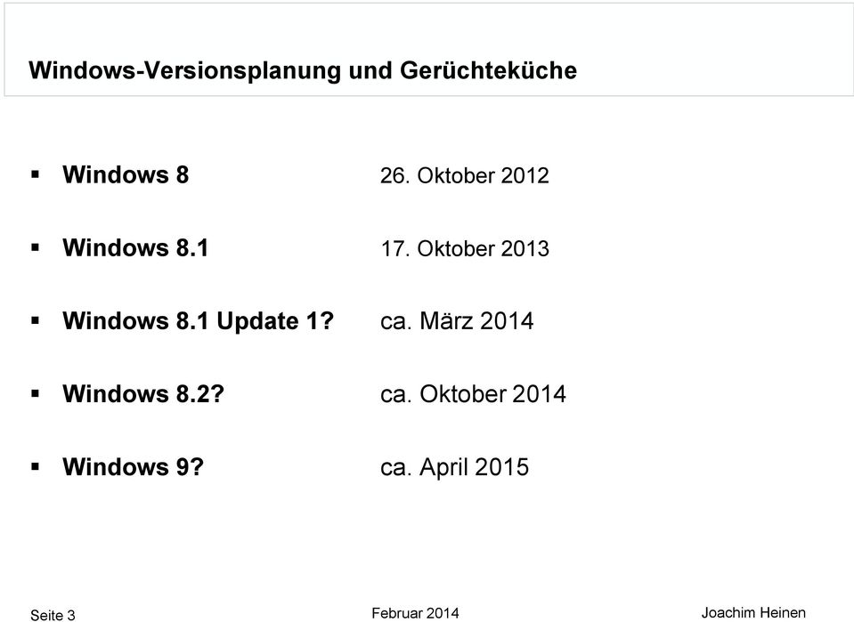 1 Update 1? ca. März 2014 Windows 8.2? ca. Oktober 2014 Windows 9?