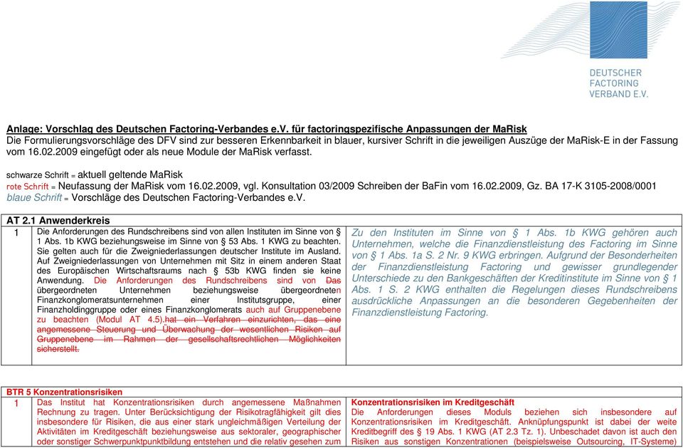 Konsultation 03/2009 Schreiben der BaFin vom 16.02.2009, Gz. BA 17-K 3105-2008/0001 blaue Schrift = Vorschläge des Deutschen Factoring-Verbandes e.v. AT 2.