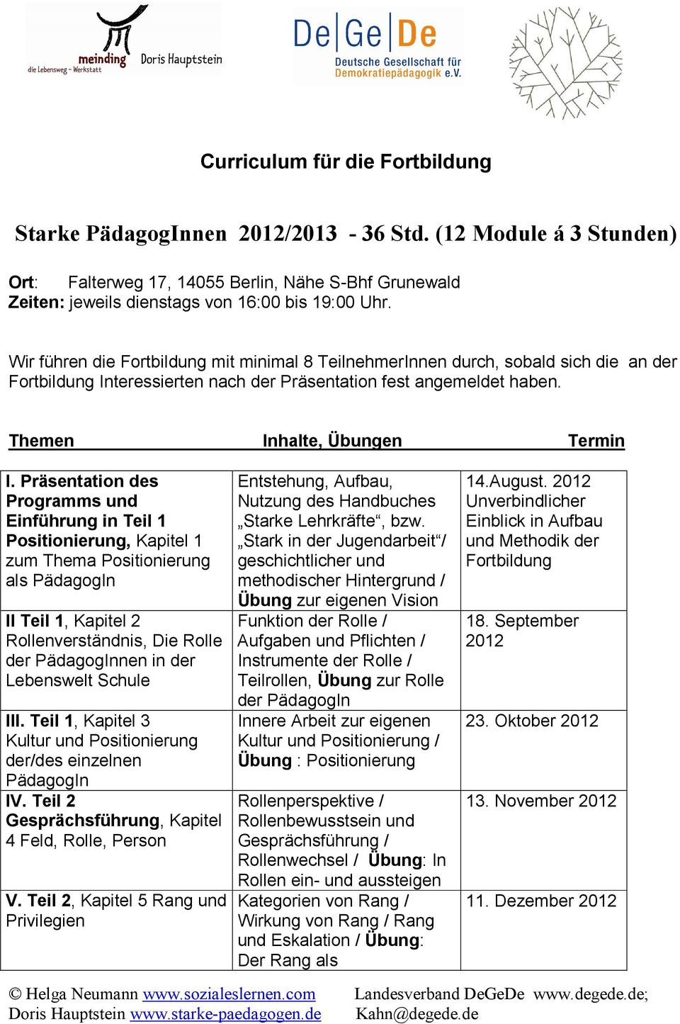 Präsentation des Programms und Einführung in Teil 1 Positionierung, Kapitel 1 zum Thema Positionierung als PädagogIn II Teil 1, Kapitel 2 Rollenverständnis, Die Rolle der PädagogInnen in der