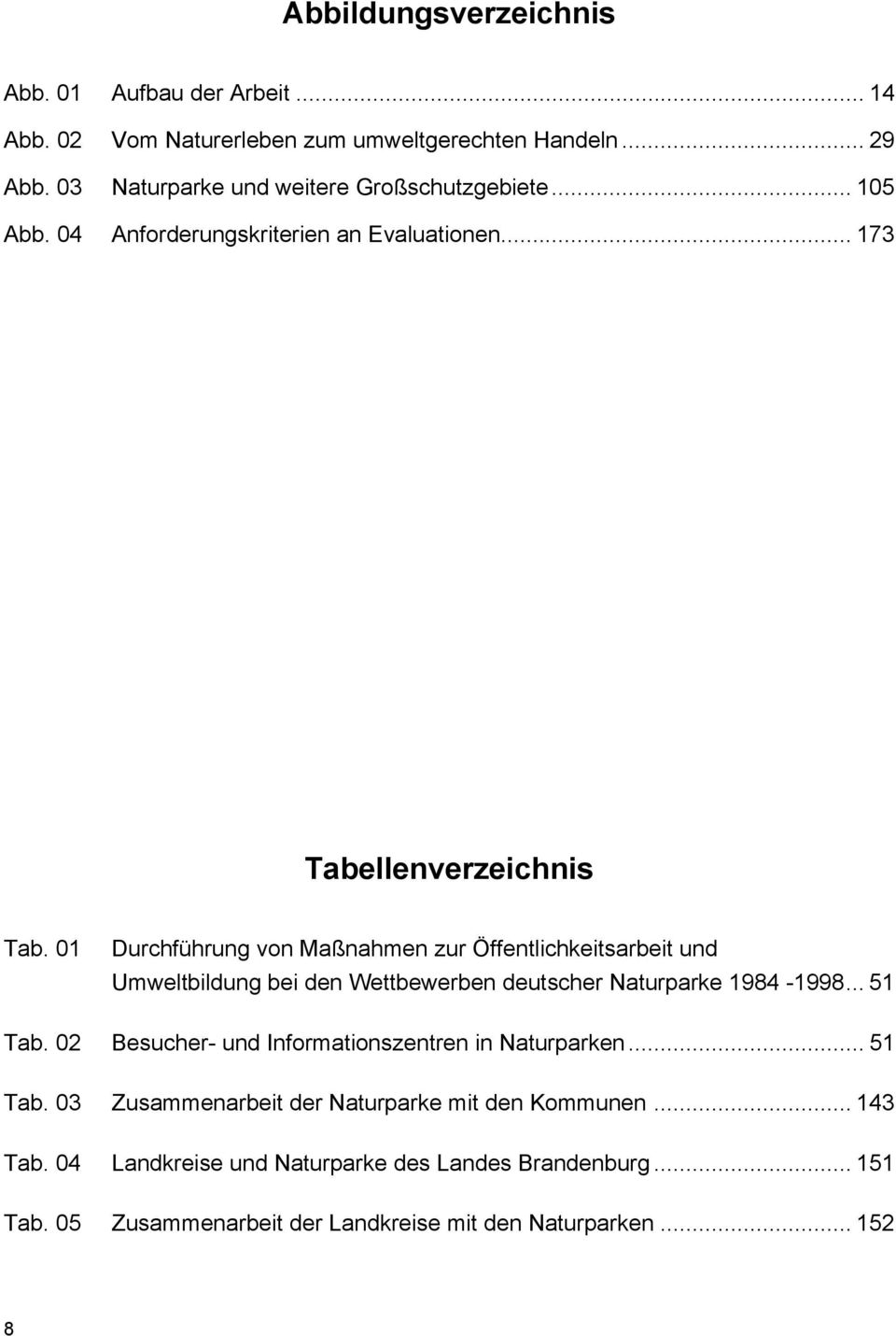 01 Durchführung von Maßnahmen zur Öffentlichkeitsarbeit und Umweltbildung bei den Wettbewerben deutscher Naturparke 1984-1998... 51 Tab.