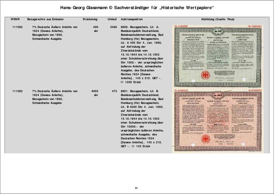 II 1200 Stück 111082 7% Deutsche Äußere Anleihe von Bezugschein von 1960, Schwedische Ausgabe 4000 skr 473 8801. Bezugsschein, Lit. B. Lit. B 4000 Skr 4. Jan.
