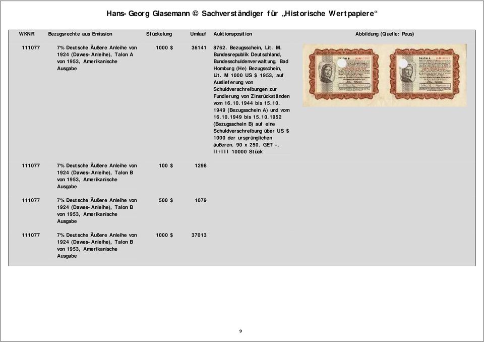 M. Lit. M 1000 US $ 1953, auf Auslieferung von Schuldverschreibungen zur Fundierung von Zinsrückständen vom 16.10.1944 bis 15.10. 1949 (Bezugsschein A) und vom 16.10.1949 bis 15.