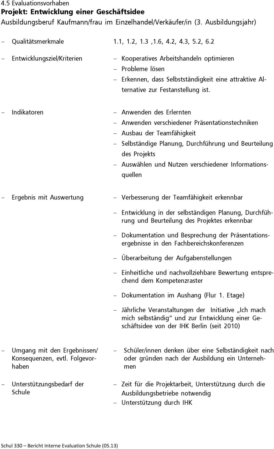 - Indikatoren - Anwenden des Erlernten - Anwenden verschiedener Präsentationstechniken - Ausbau der Teamfähigkeit - Selbständige Planung, Durchführung und Beurteilung des Projekts - Auswählen und