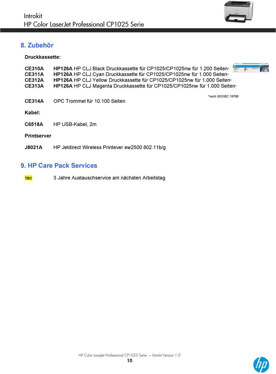 000 Seiten* HP126A HP CLJ Magenta Druckkassette für CP1025/CP1025nw für 1.000 Seiten* CE314A Kabel: C6518A Printserver J8021A OPC Trommel für 10.