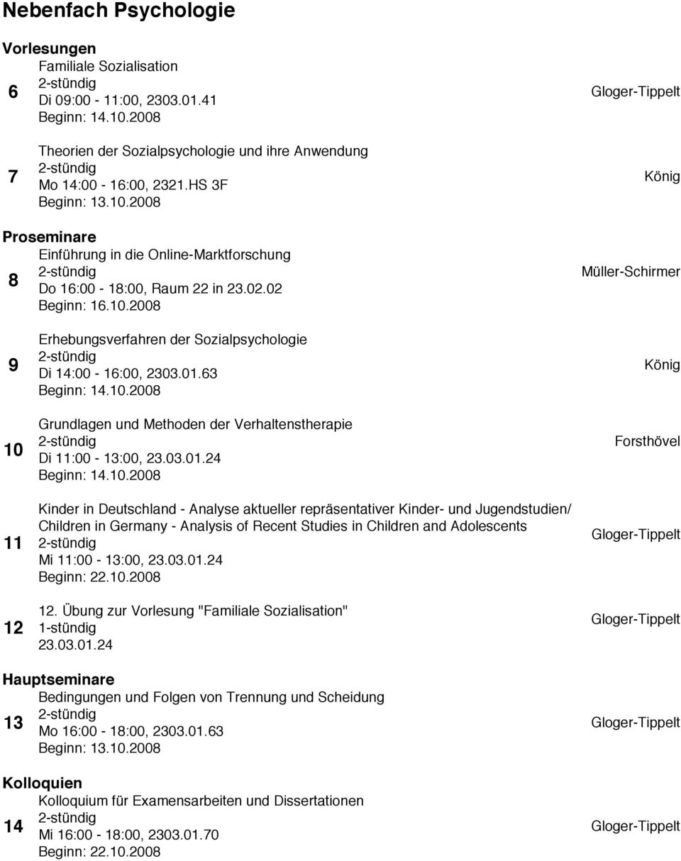 02 Müller-Schirmer 9 10 11 12 Grundlagen und Methoden der Verhaltenstherapie Di 11:00-13:00, 23.03.01.