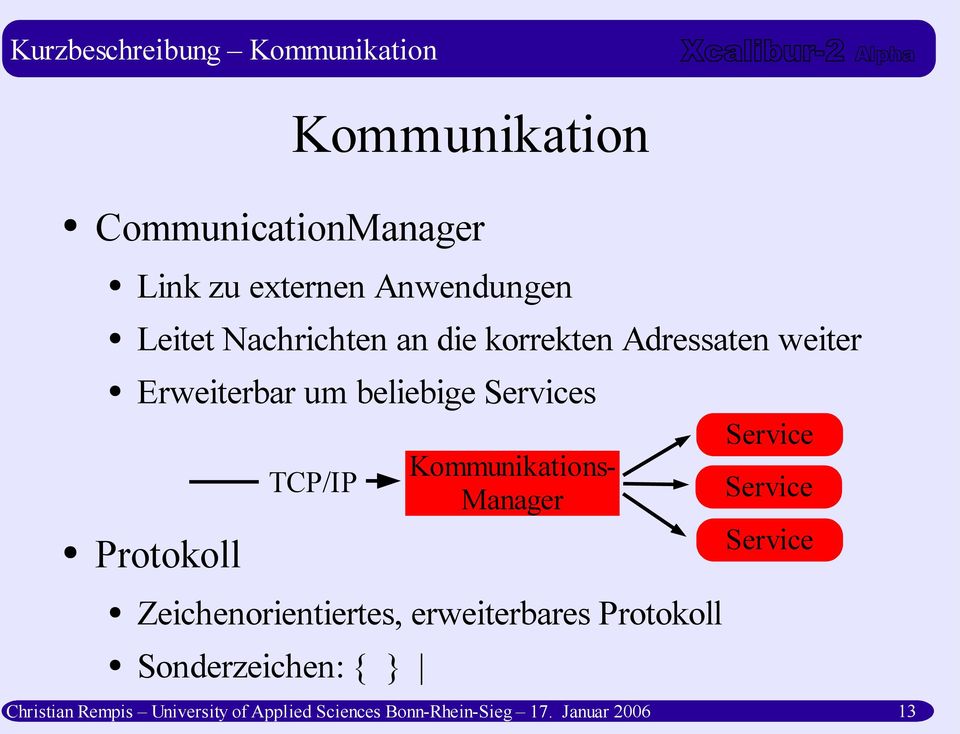 TCP/IP Zeichenorientiertes, erweiterbares Protokoll Sonderzeichen: { } Kommunikations- Manager