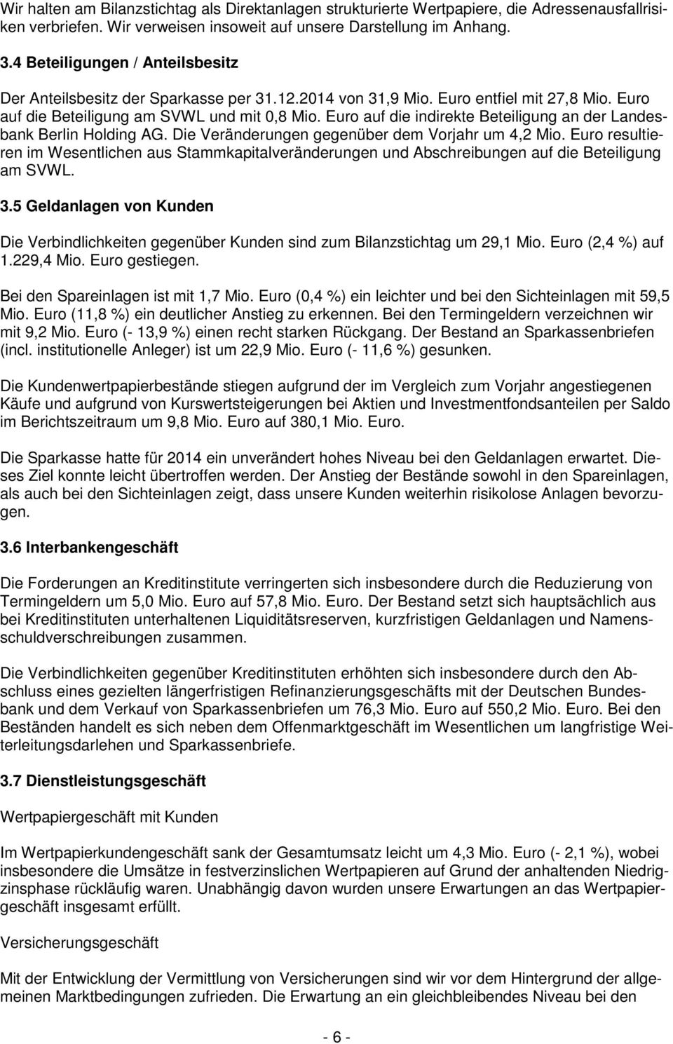 Euro auf die indirekte Beteiligung an der Landesbank Berlin Holding AG. Die Veränderungen gegenüber dem Vorjahr um 4,2 Mio.