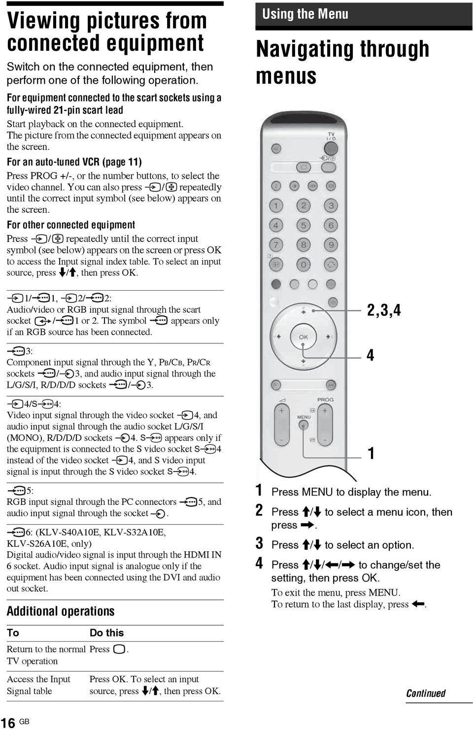 For an auto-tuned VCR (page 11) Press PROG +/-, or the number buttons, to select the video channel. You can also press / repeatedly until the correct input symbol (see below) appears on the screen.
