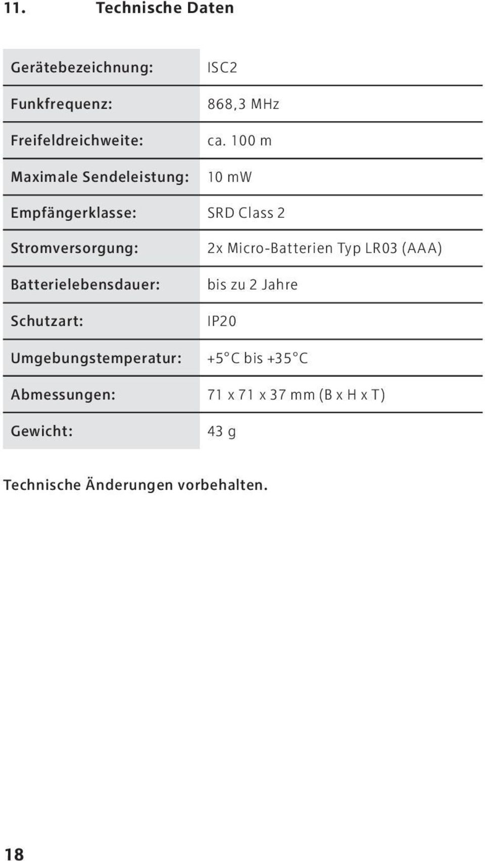 100 m 10 mw Empfängerklasse: SRD Class 2 Stromversorgung: Batterielebensdauer: Schutzart: