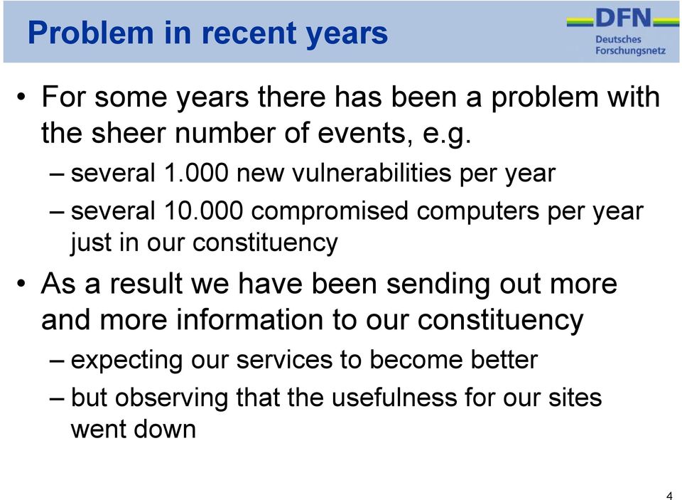 000 compromised computers per year just in our constituency As a result we have been sending out
