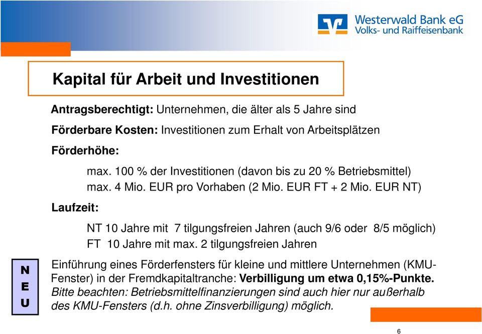 EUR NT) NT 10 Jahre mit 7 tilgungsfreien Jahren (auch 9/6 oder 8/5 möglich) FT 10 Jahre mit max.