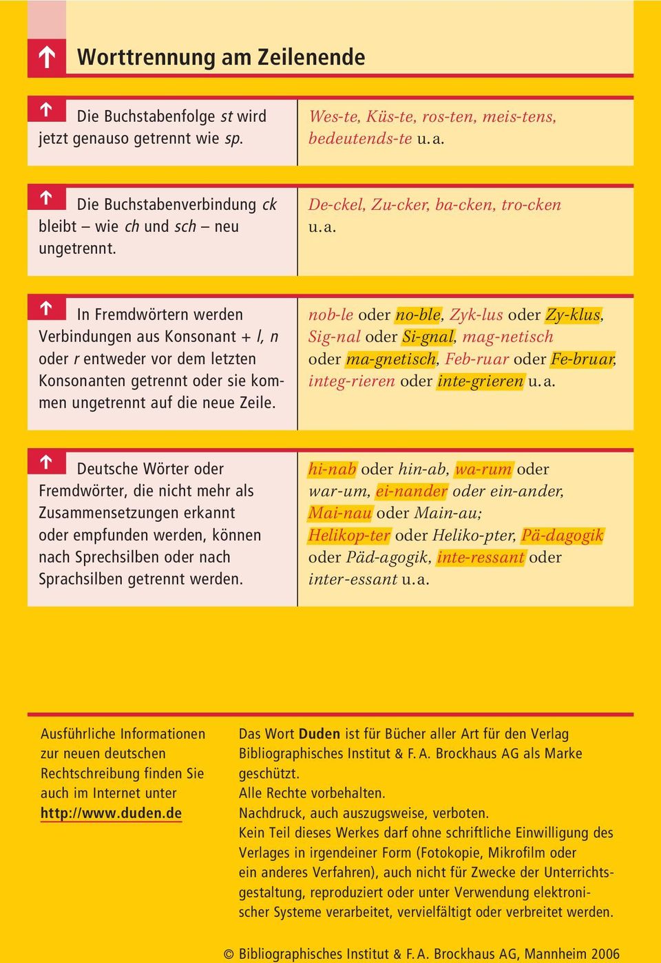 Deutsche Wörter oder Fremdwörter, die nicht mehr als Zusammensetzungen erkannt oder empfunden werden, können nach Sprechsilben oder nach Sprachsilben getrennt werden.