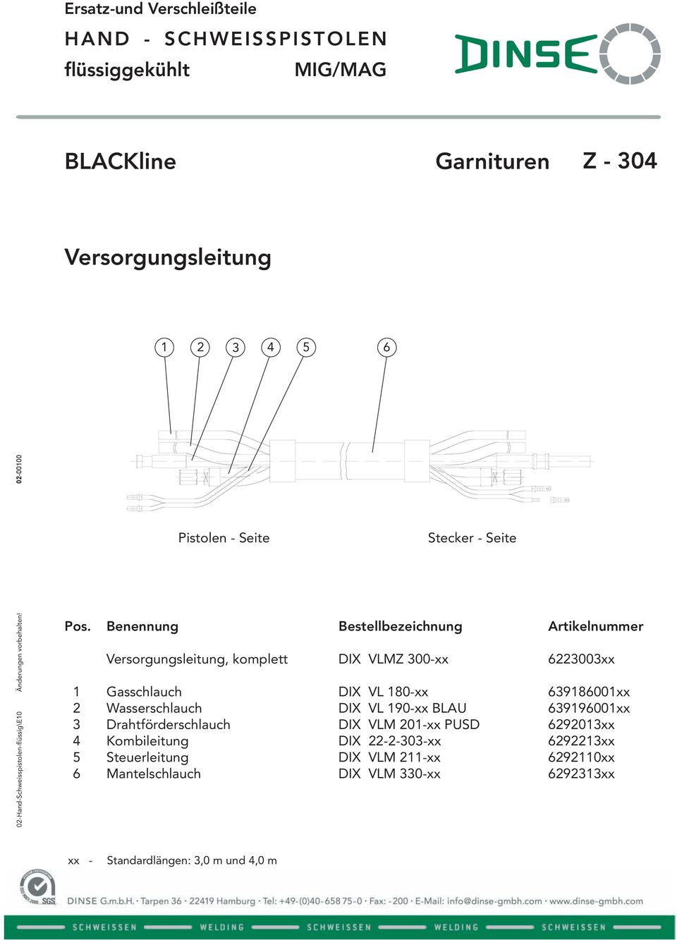 639186001xx 2 Wasserschlauch DIX VL 190-xx BLAU 639196001xx 3 Drahtförderschlauch DIX VLM 201-xx PUSD 6292013xx 4 Kombileitung DIX