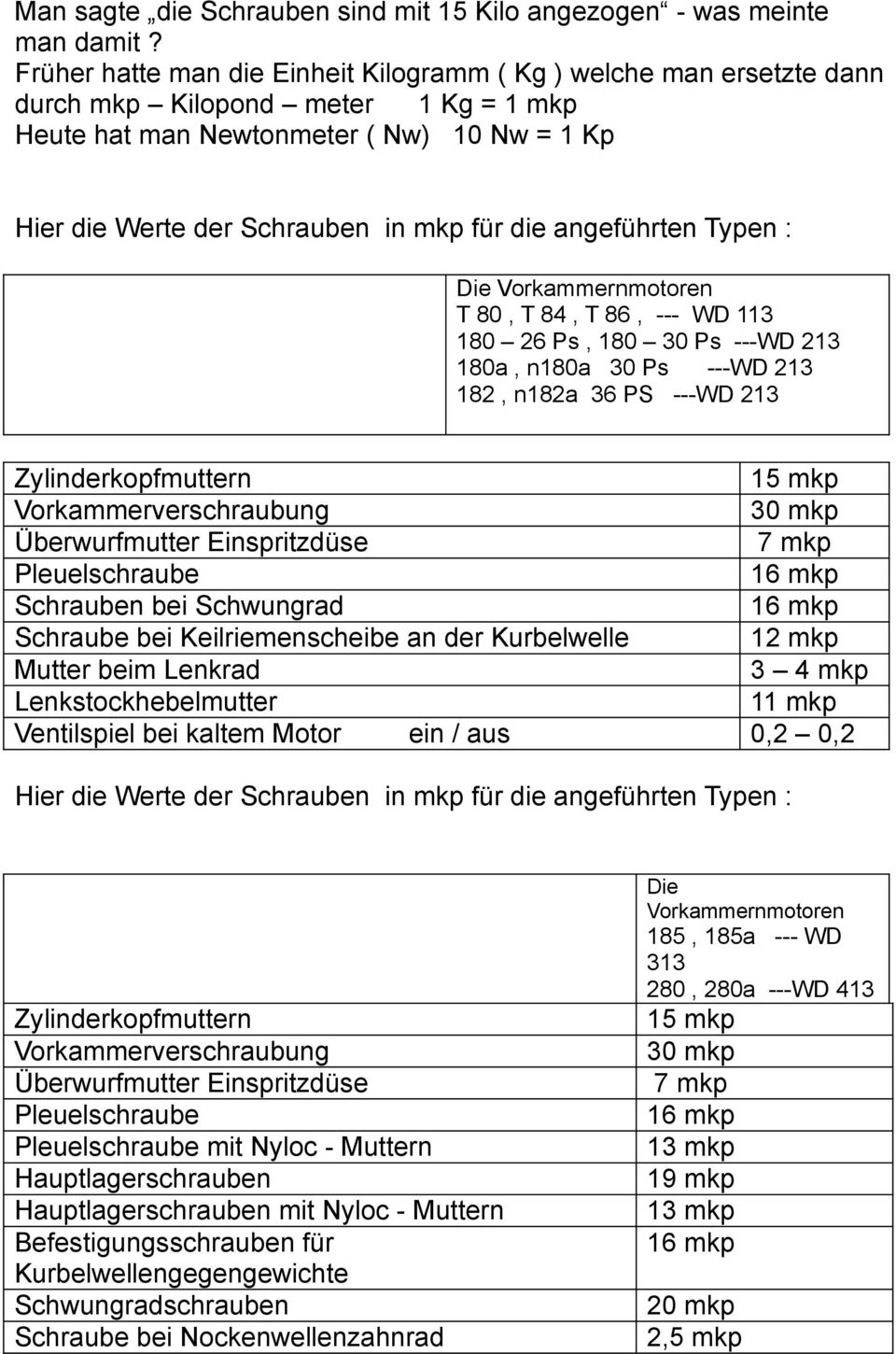 angeführten Typen : Die Vorkammernmotoren T 80, T 84, T 86, --- WD 113 180 26 Ps, 180 30 Ps ---WD 213 180a, n180a 30 Ps ---WD 213 182, n182a 36 PS ---WD 213 15 mkp 30 mkp Überwurfmutter Einspritzdüse