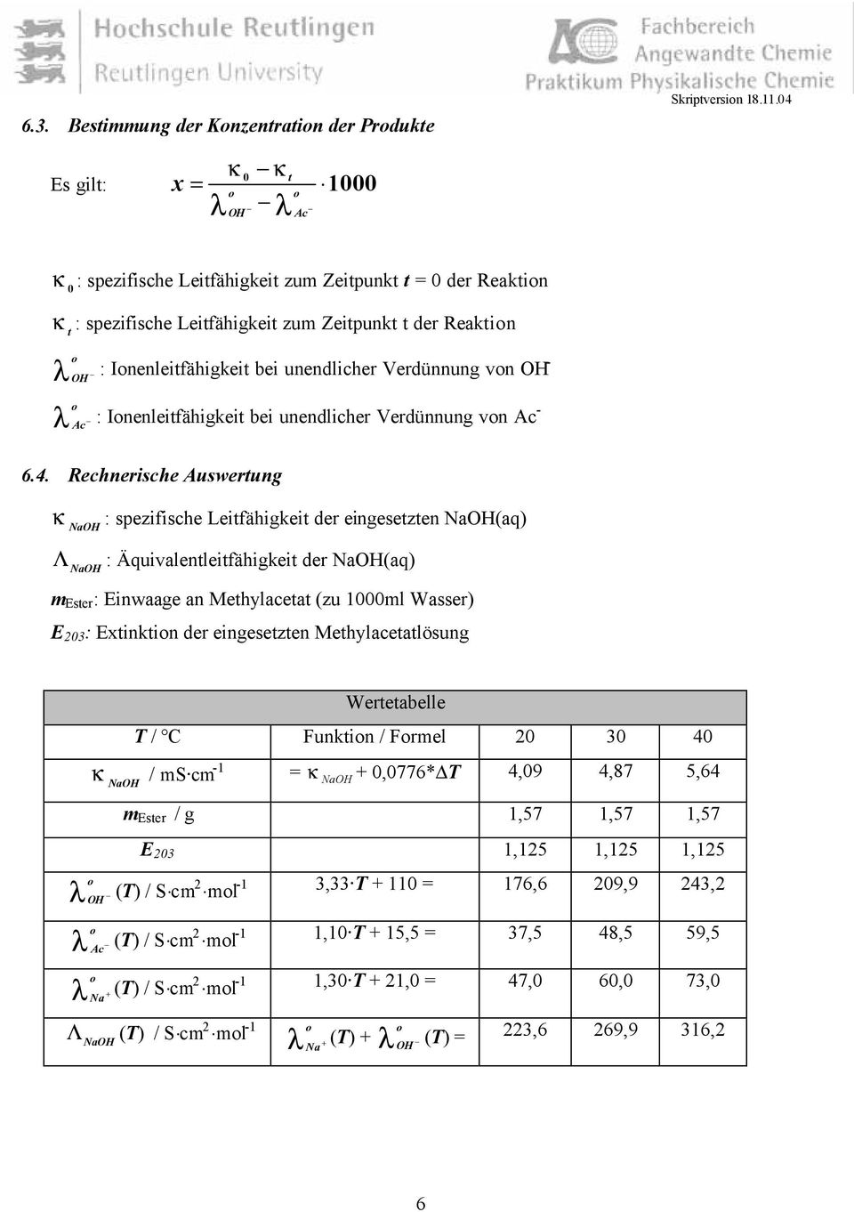 Ionenleitfähigkeit bei unendliher Verdünnung von OH - l o - : Ionenleitfähigkeit bei unendliher Verdünnung von A- A 6.4.