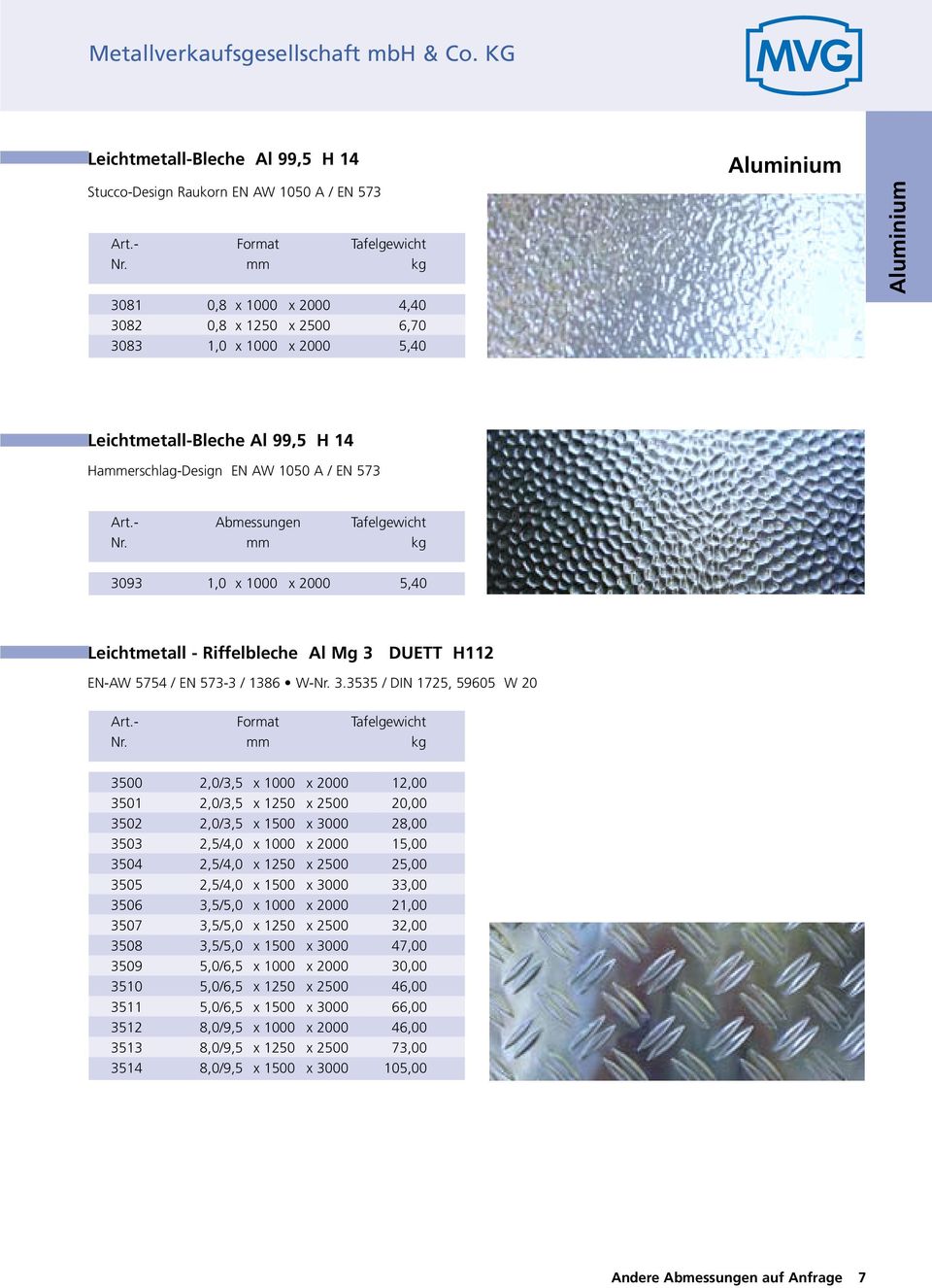 Leichtmetall - Riffelbleche Al Mg 3 DUETT H112 EN-AW 5754 / EN 573-3 / 1386 W-Nr. 3.3535 / DIN 1725, 59605 W 20 Art.