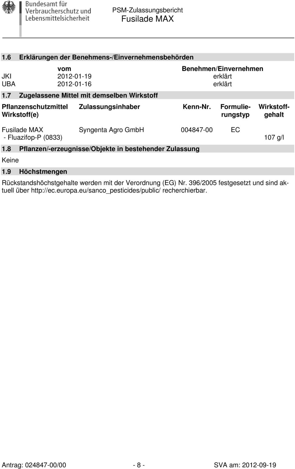 Formulierungstyp Wirkstoffgehalt Syngenta Agro GmbH 004847-00 EC - Fluazifop-P (0833) 107 g/l 1.