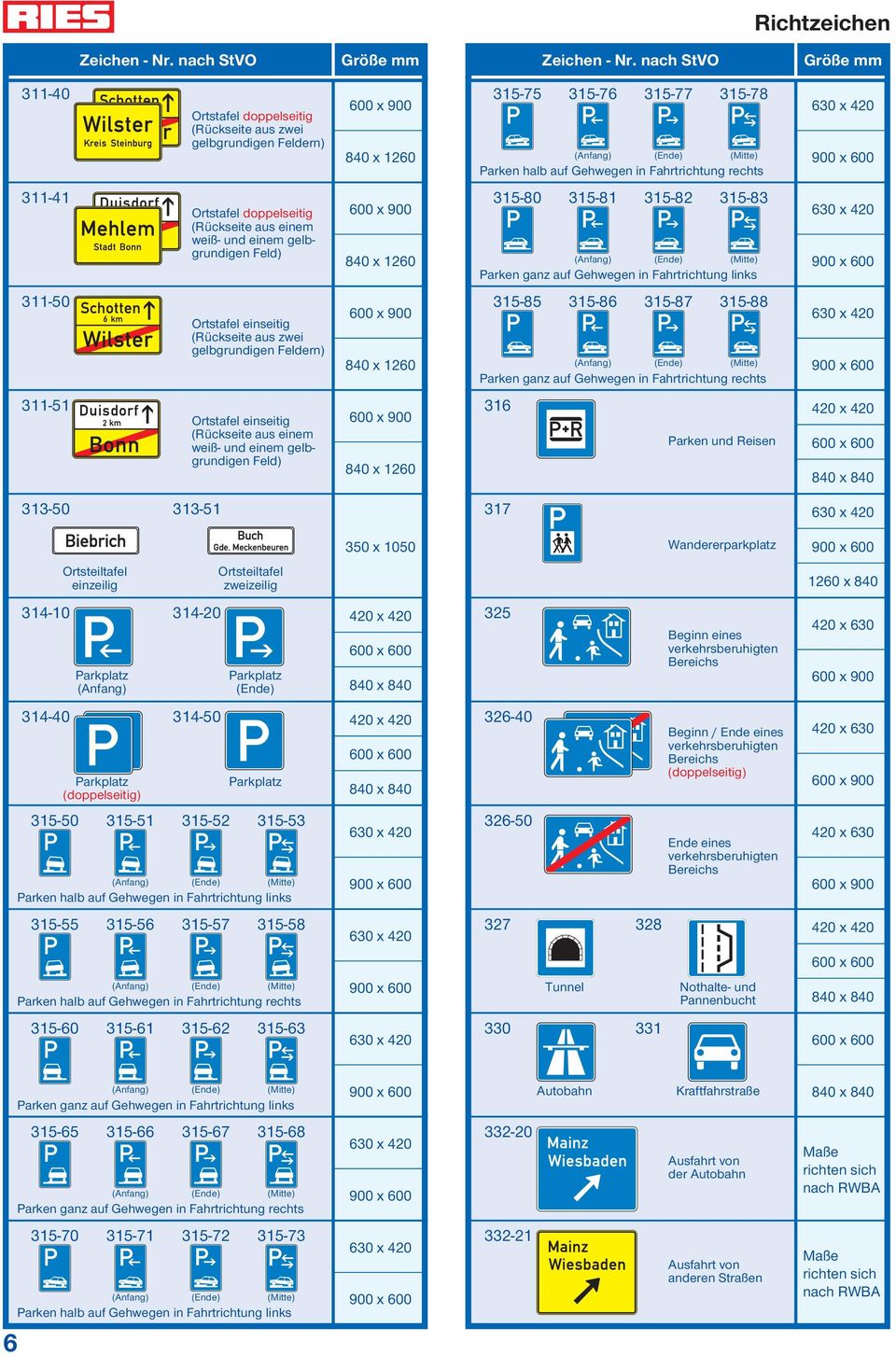 Fahrtrichtung links x 420 x 600 311-50 Ortstafel einseitig (Rückseite aus zwei gelbgrundigen Feldern) 600 x 840 x 315-85 315-86 315-87 315-88 (Anfang) (Ende) (Mitte) Parken ganz auf Gehwegen in