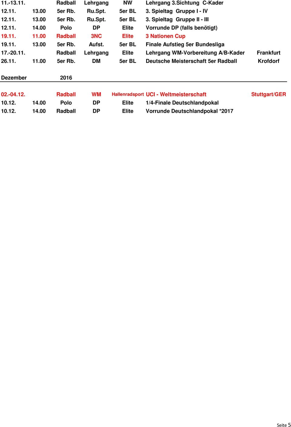 11. 11.00 5er Rb. DM 5er BL Deutsche Meisterschaft 5er Radball Krofdorf Dezember 2016 02.-04.12. Radball WM Hallenradsport UCI - Weltmeisterschaft Stuttgart/GER 10.12. 14.