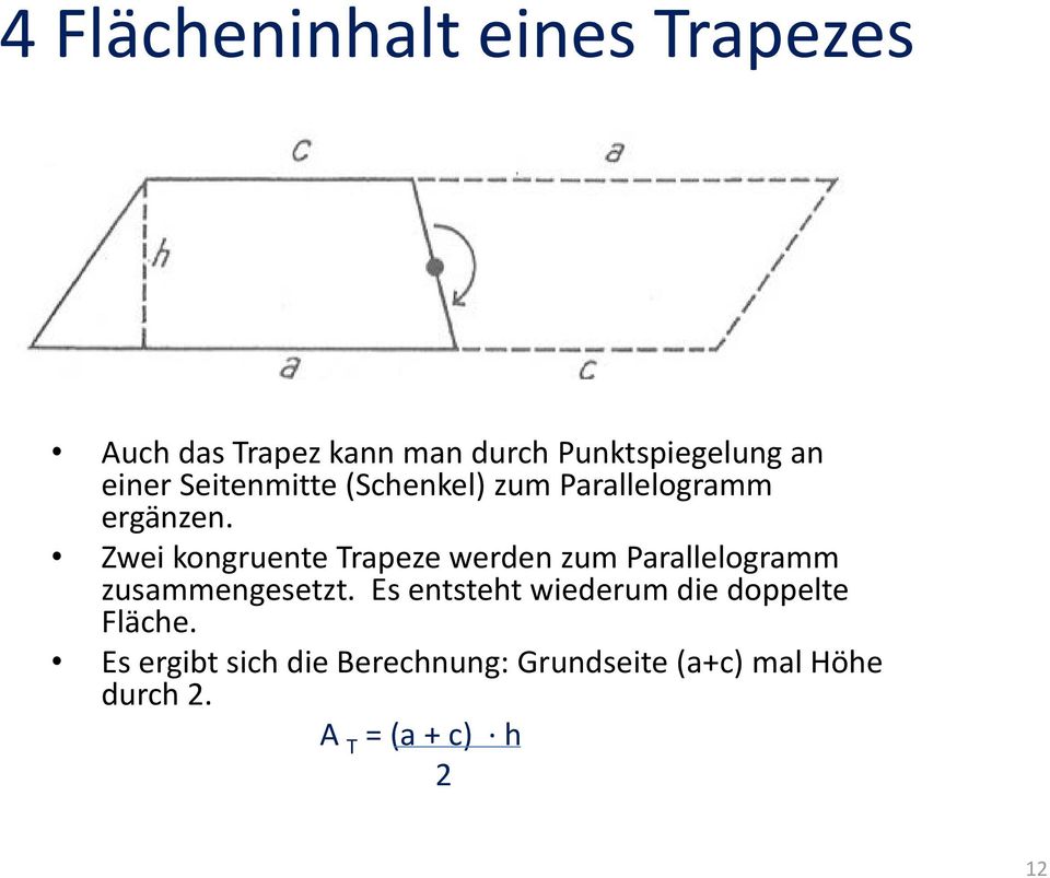 Zwei kongruente Trapeze werden zum Parallelogramm zusammengesetzt.