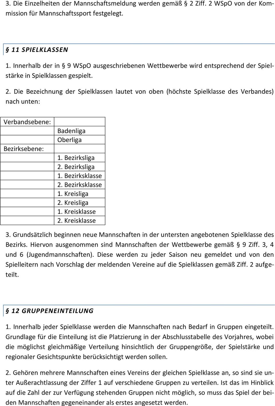 Die Bezeichnung der Spielklassen lautet von oben (höchste Spielklasse des Verbandes) nach unten: Verbandsebene: Bezirksebene: Badenliga Oberliga 1. Bezirksliga 2. Bezirksliga 1. Bezirksklasse 2.