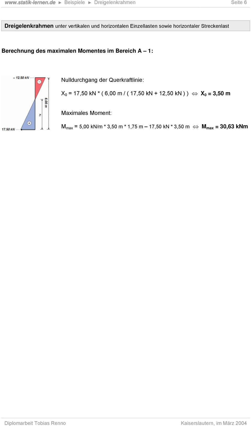 im Bereich A 1: Nulldurchgang der Querkraftlinie: X 0 = 17,50 kn * ( 6,00
