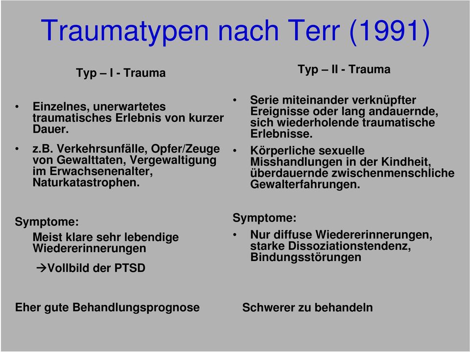Typ II - Trauma Serie miteinander verknüpfter Ereignisse oder lang andauernde, sich wiederholende traumatische Erlebnisse.