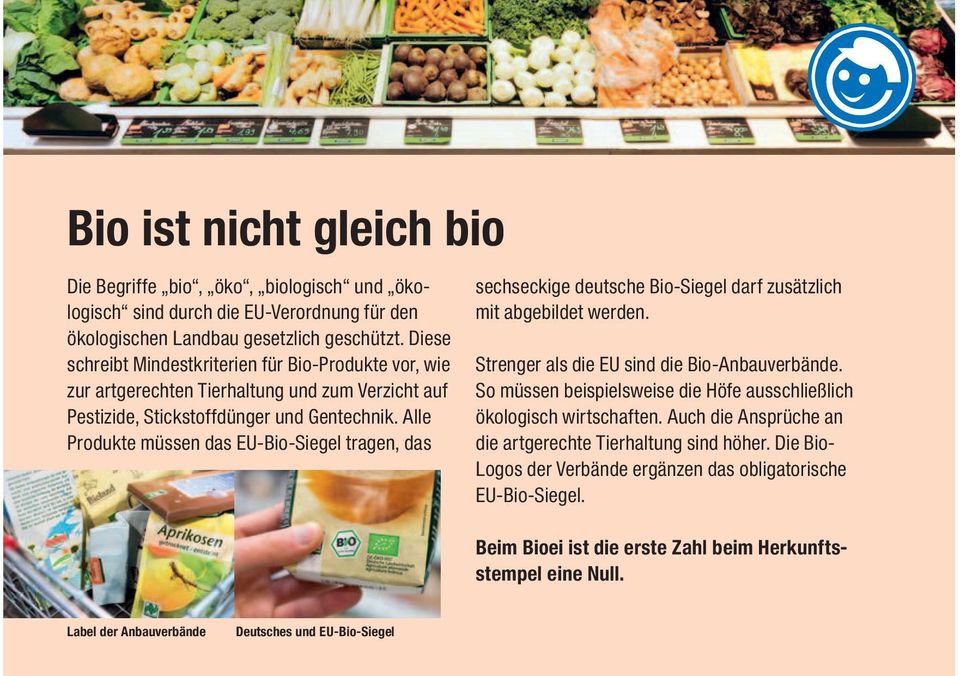 Alle Produkte müssen das EU-Bio-Siegel tragen, das sechseckige deutsche Bio-Siegel darf zusätzlich mit abgebildet werden. Strenger als die EU sind die Bio-Anbauverbände.