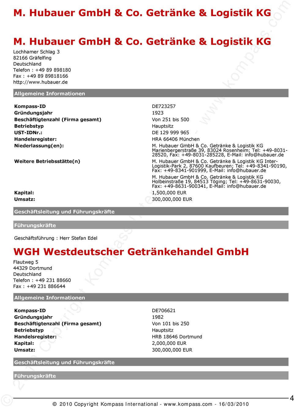 Getränke & Logistik KG Marienbergerstraße 39, 83024 Rosenheim; Tel: +49-8031- 28520, Fax: +49-8031-285228, E-Mail: info@hubauer.de Weitere Betriebsstätte(n) M. Hubauer GmbH & Co.