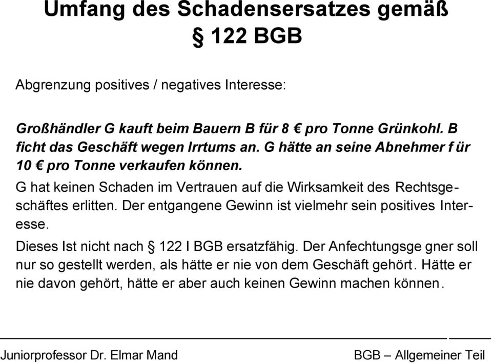 G hat keinen Schaden im Vertrauen auf die Wirksamkeit des Rechtsgeschäftes erlitten.