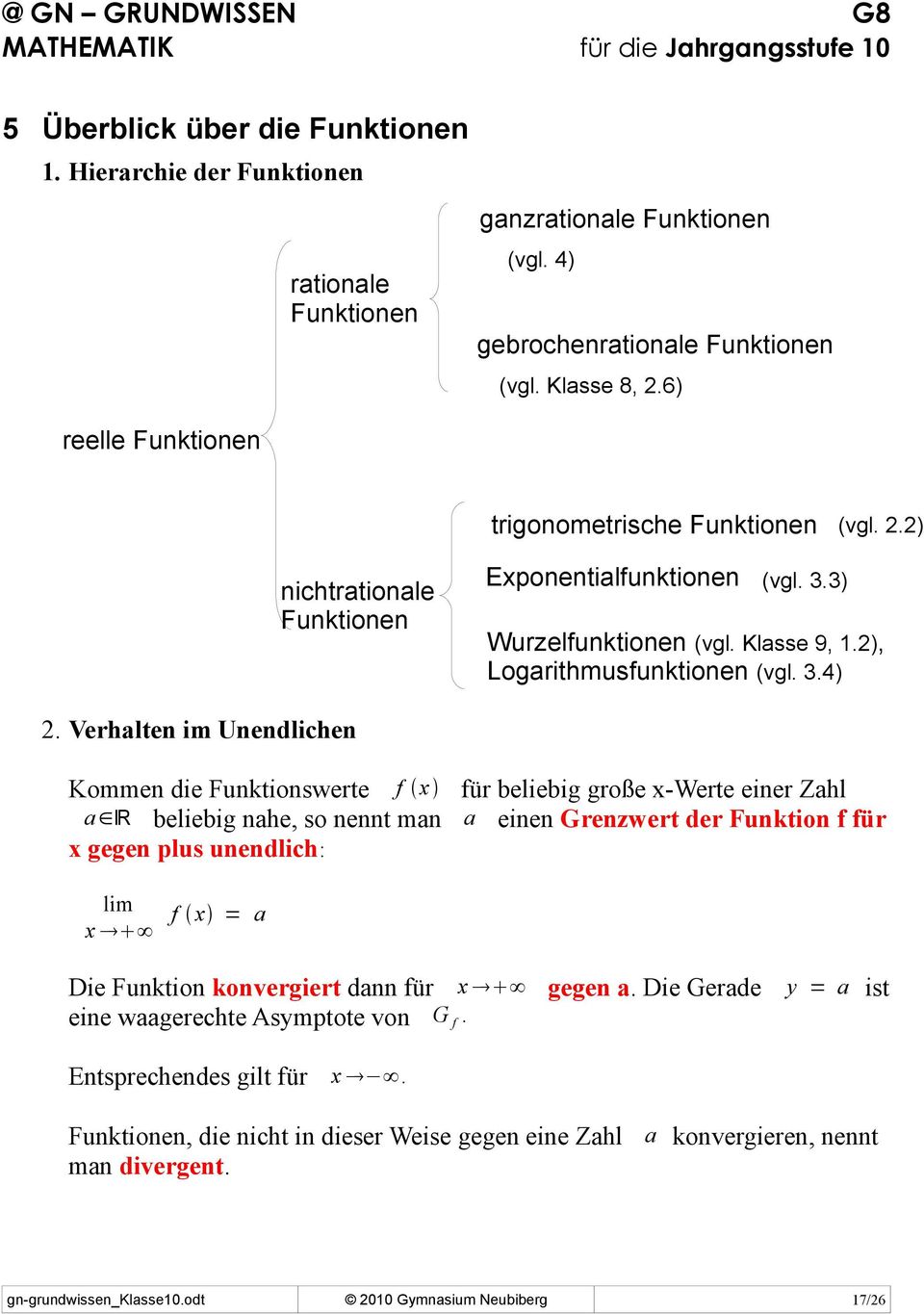 Verhalten im Unendlichen Kommen die Funktionswerte f x für beliebig große x-werte einer Zahl a ℝ beliebig nahe, so nennt man a einen Grenzwert der Funktion f für x gegen plus unendlich: lim f x