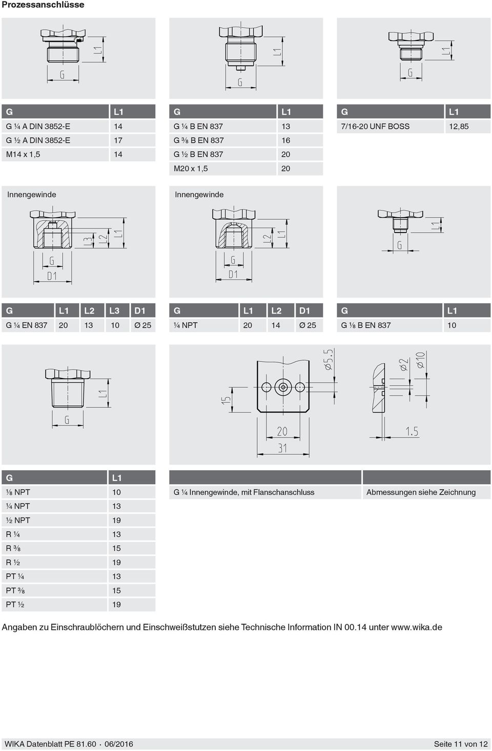 ⅛ NPT 10 ¼ NPT 13 ½ NPT 19 R ¼ 13 R ⅜ 15 R ½ 19 PT ¼ 13 PT ⅜ 15 PT ½ 19 G ¼ Innengewinde, mit Flanschanschluss Abmessungen siehe Zeichnung