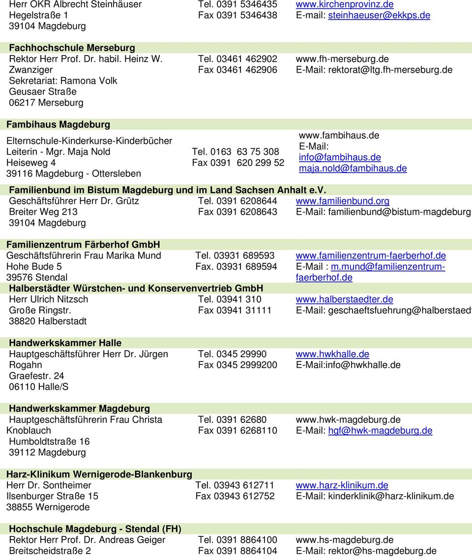 de E-Mail: rektorat@ltg.fh-merseburg.de Fambihaus Magdeburg Elternschule-Kinderkurse-Kinderbücher Leiterin - Mgr. Maja Nold Heiseweg 4 39116 Magdeburg - Ottersleben Tel.