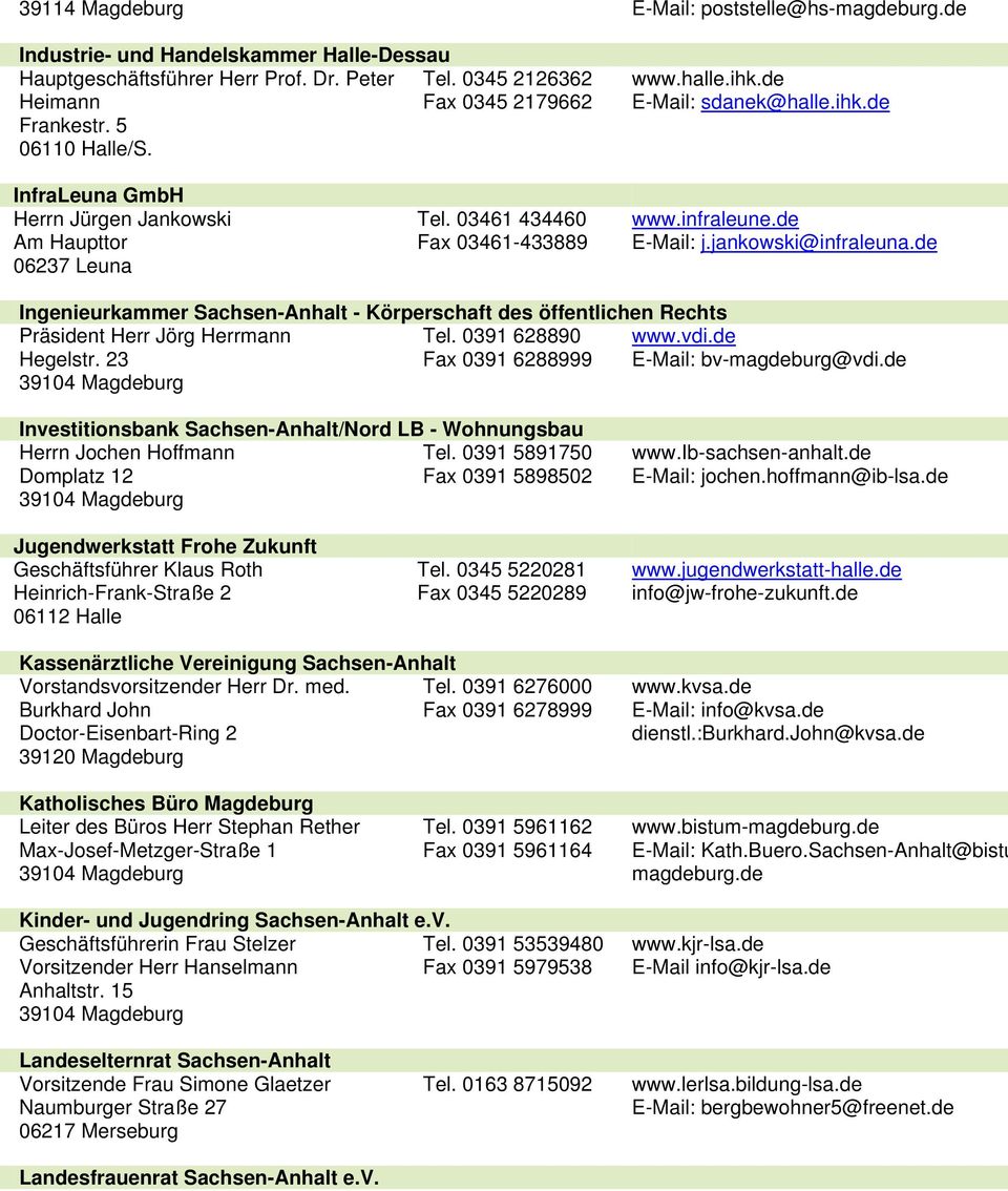de E-Mail: j.jankowski@infraleuna.de Ingenieurkammer Sachsen-Anhalt - Körperschaft des öffentlichen Rechts Präsident Herr Jörg Herrmann Hegelstr. 23 Tel. 0391 628890 Fax 0391 6288999 www.vdi.