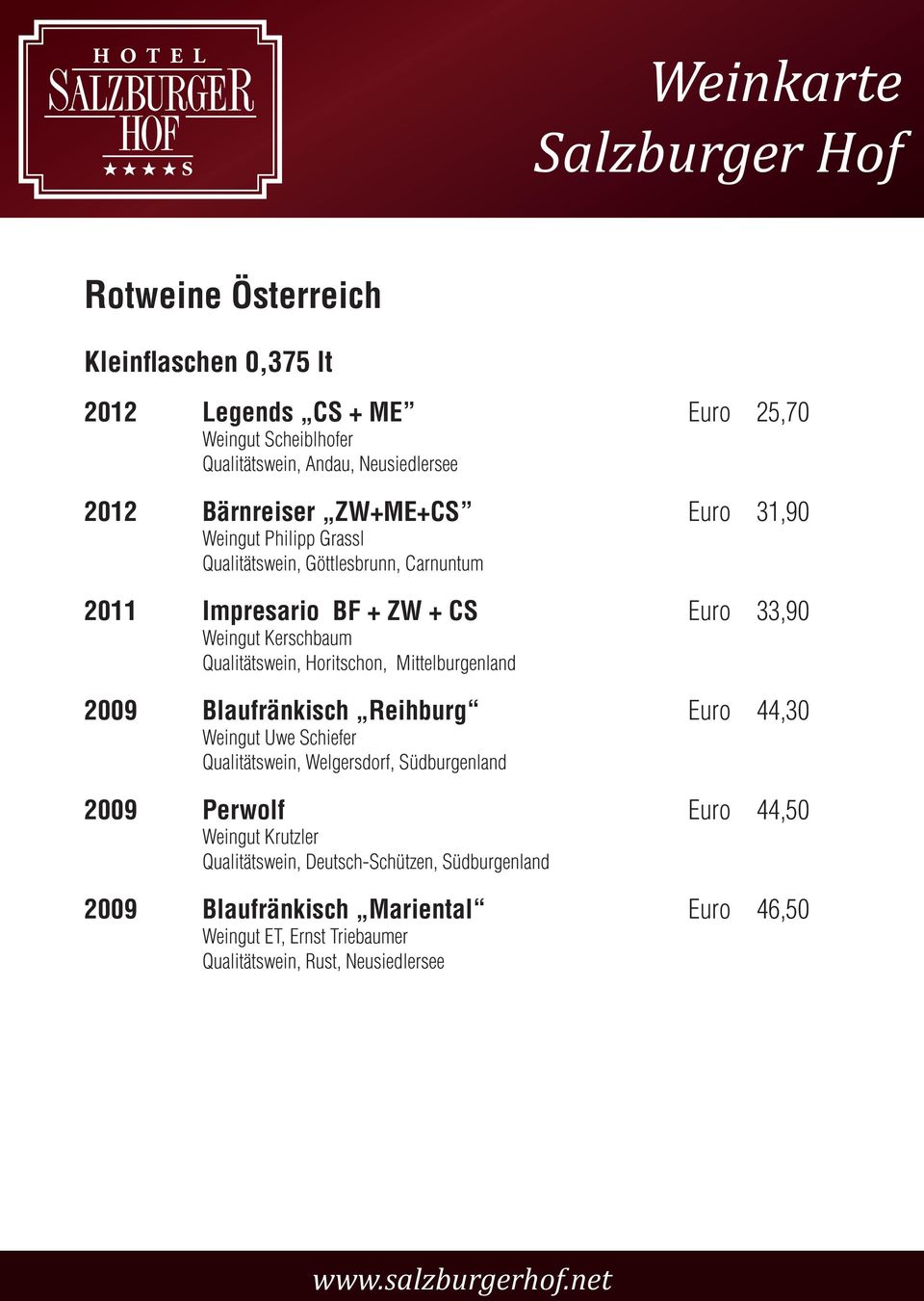 Horitschon, Mittelburgenland 2009 Blaufränkisch Reihburg Euro 44,30 Weingut Uwe Schiefer Qualitätswein, Welgersdorf, Südburgenland 2009 Perwolf Euro 44,50