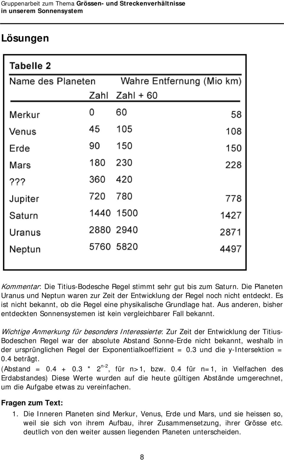 Wichtige Anmerkung für besonders Interessierte: Zur Zeit der Entwicklung der Titius- Bodeschen Regel war der absolute Abstand Sonne-Erde nicht bekannt, weshalb in der ursprünglichen Regel der