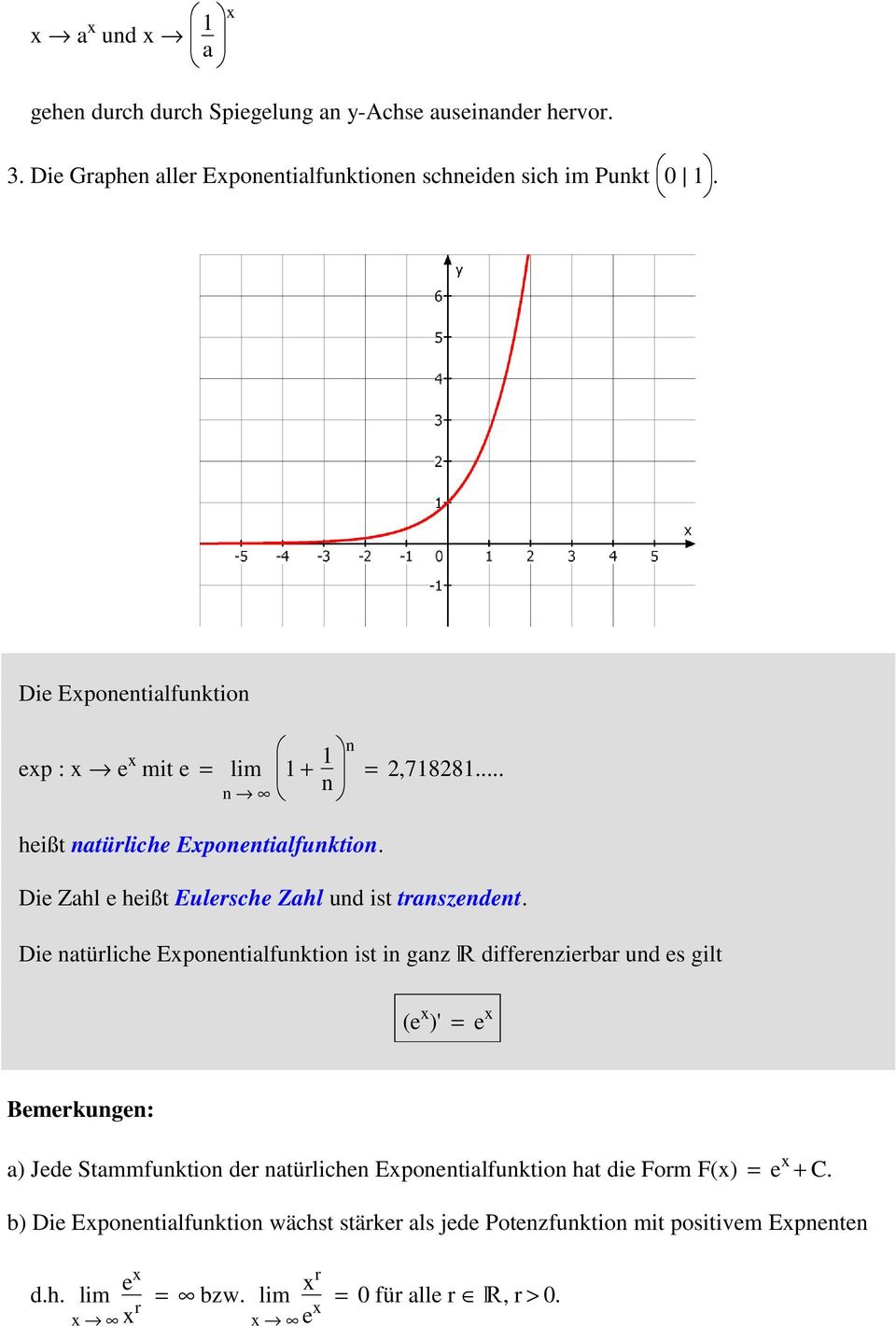 Die natürliche Exponentialfunktion ist in ganz R differenzierbar und es gilt (e x )' = e x Bemerkungen: a) Jede Stammfunktion der natürlichen Exponentialfunktion hat