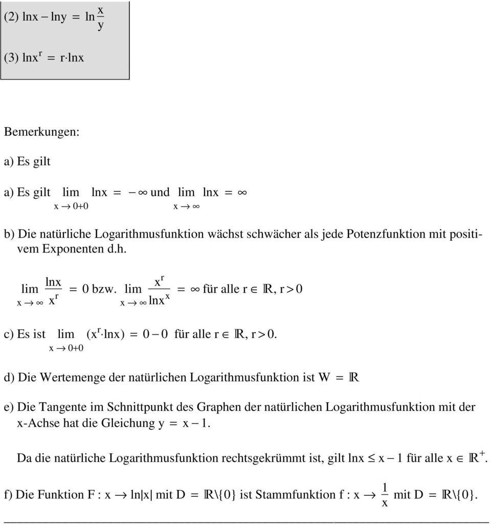 x 0+0 d) Die Wertemenge der natürlichen Logarithmusfunktion ist W = R e) Die Tangente im Schnittpunkt des Graphen der natürlichen Logarithmusfunktion mit der x-achse hat