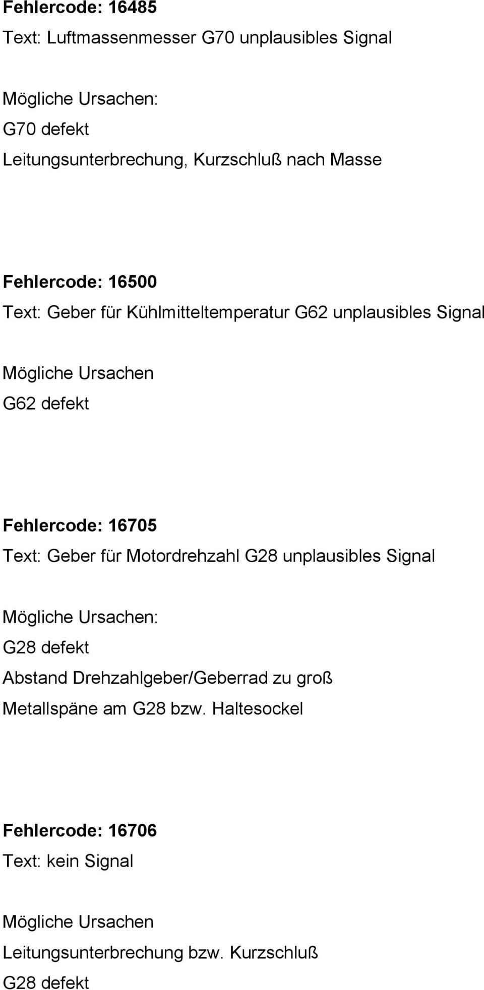 16705 Text: Geber für Motordrehzahl G28 unplausibles Signal G28 defekt Abstand Drehzahlgeber/Geberrad zu groß