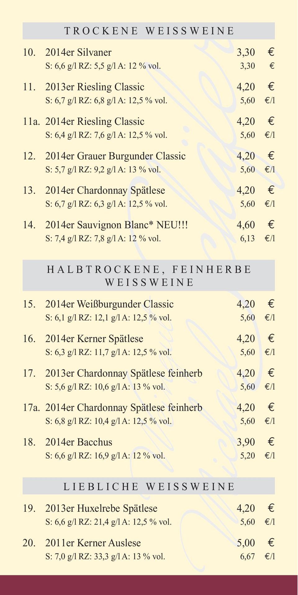 2014er Chardonnay Spätlese 4,20 S: 6,7 g/l RZ: 6,3 g/l A: 12,5 % vol. 5,60 /l 14. 2014er Sauvignon Blanc* NEU!!! 4,60 S: 7,4 g/l RZ: 7,8 g/l A: 12 % vol. 6,13 /l HALBTROCKENE, FEINHERBE WEISSWEINE 15.