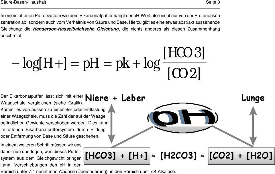 log[ + ] = = + log [ HCO 3 H ph pk ] [ CO 2] Der Bikarbonatpuffer lässt sich mit einer Waagschale vergleichen (siehe Grafik).