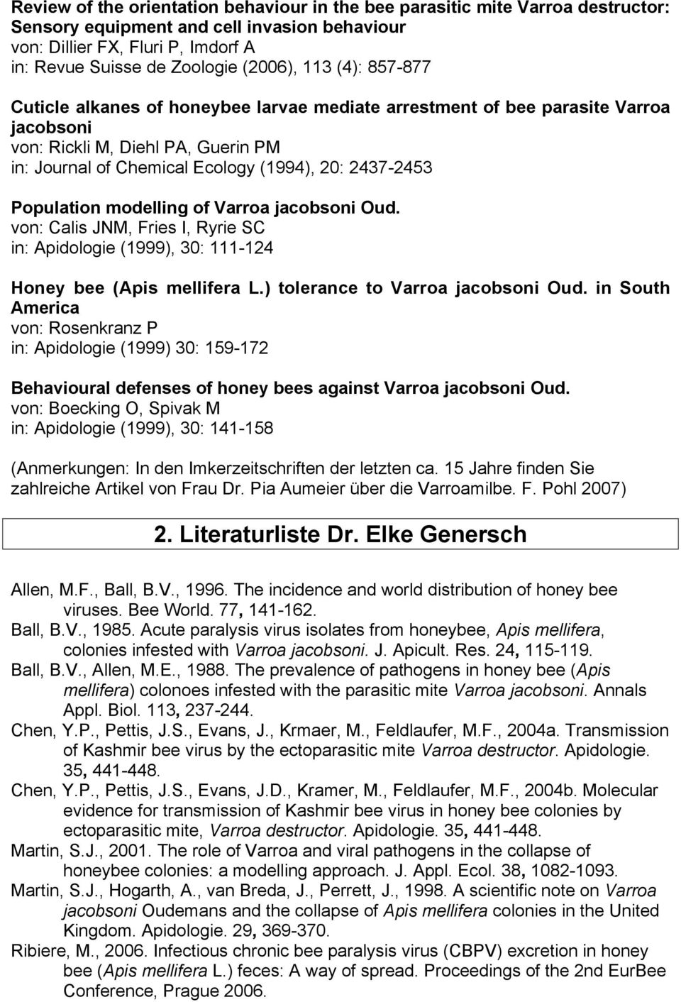 Population modelling of Varroa jacobsoni Oud. von: Calis JNM, Fries I, Ryrie SC in: Apidologie (1999), 30: 111-124 Honey bee (Apis mellifera L.) tolerance to Varroa jacobsoni Oud.