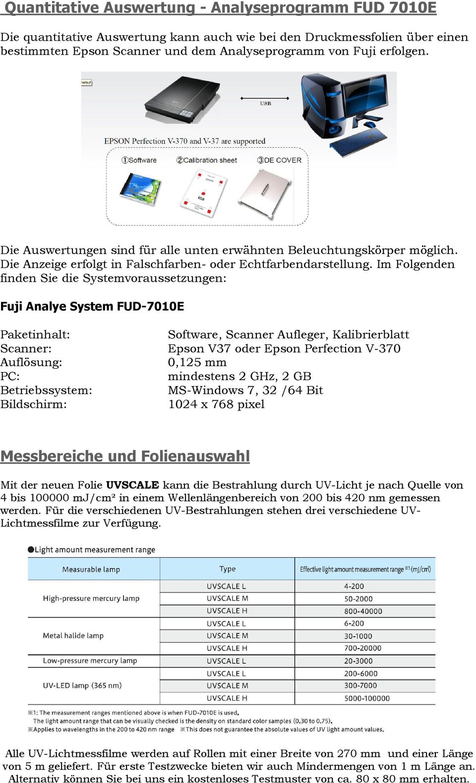 Im Folgenden finden Sie die Systemvoraussetzungen: Fuji Analye System FUD-7010E Paketinhalt: Software, Scanner Aufleger, Kalibrierblatt Scanner: Epson V37 oder Epson Perfection V-370 Auflösung: 0,125